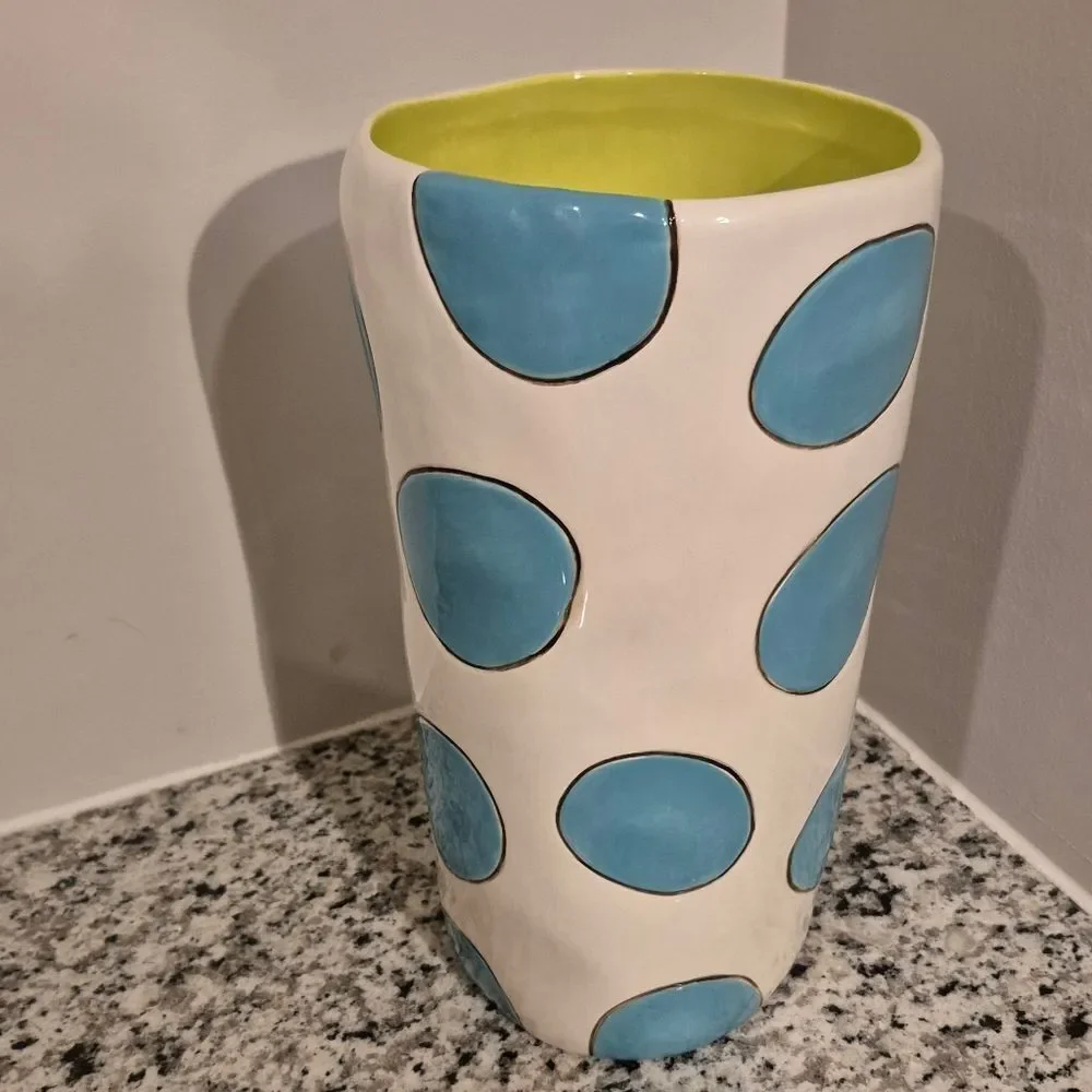 Artist signed Rare SALLY RUSSELL  Pottery Vase Circles Aqua Blue